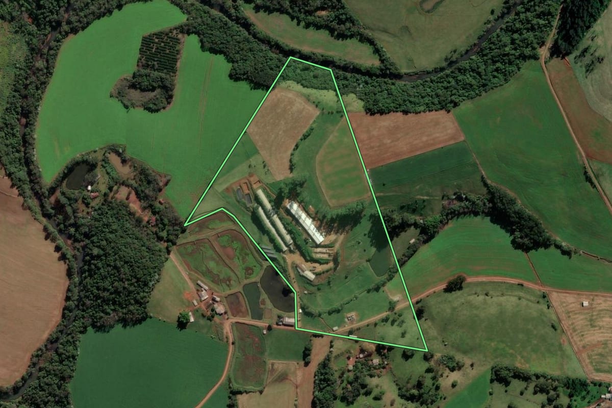 Imagem de satélite do imóvel rural em Palmitos (SC), com o contorno declarado no CAR desenhado por cima.