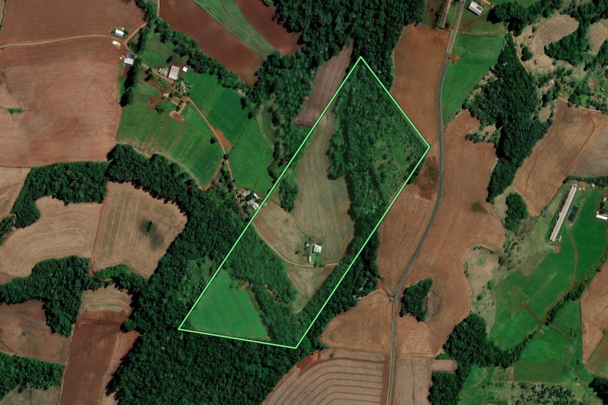 Imagem de satélite do imóvel rural em Palmitos (SC), com o contorno declarado no CAR desenhado por cima.