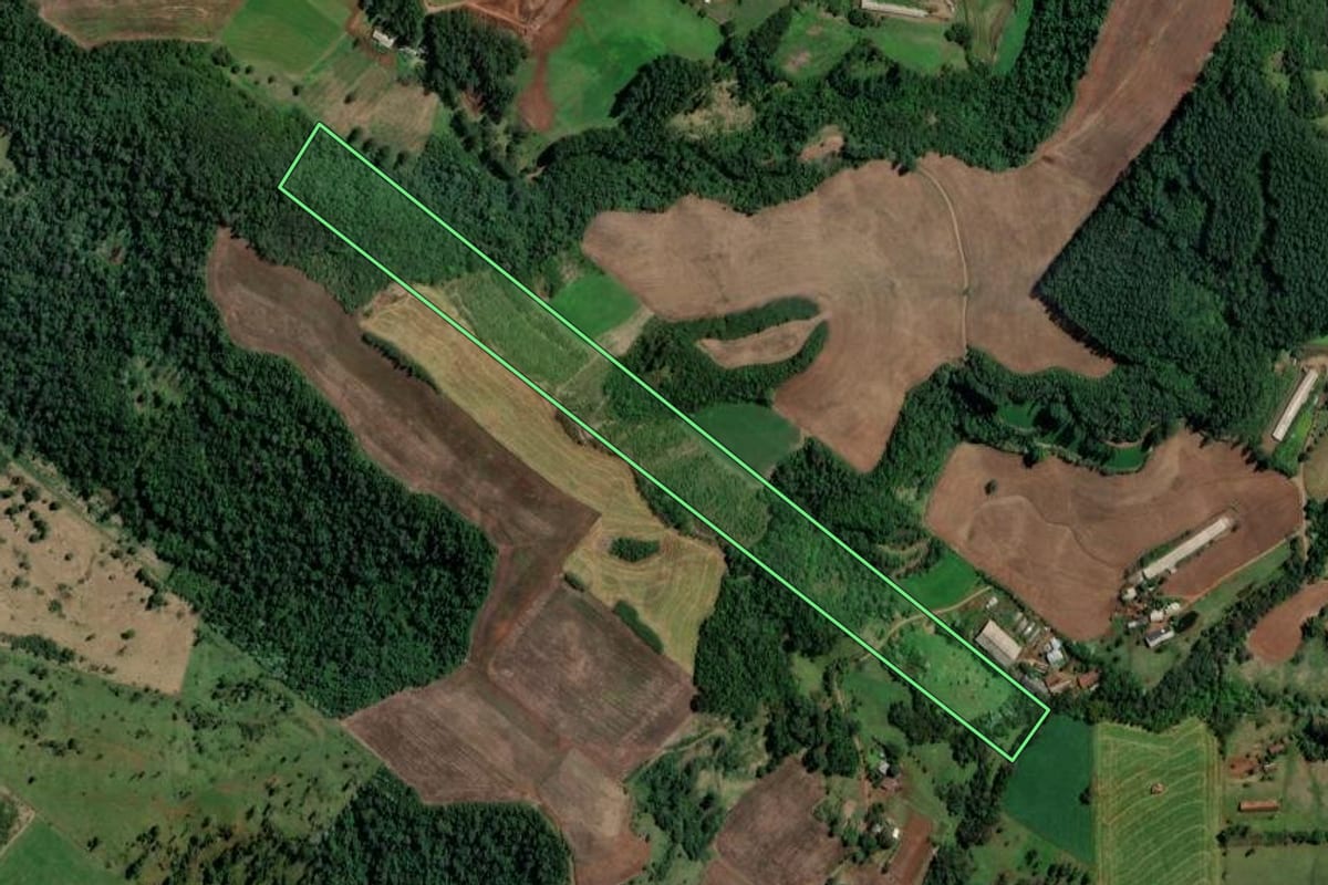 Imagem de satélite do imóvel rural em Palmitos (SC), com o contorno declarado no CAR desenhado por cima.