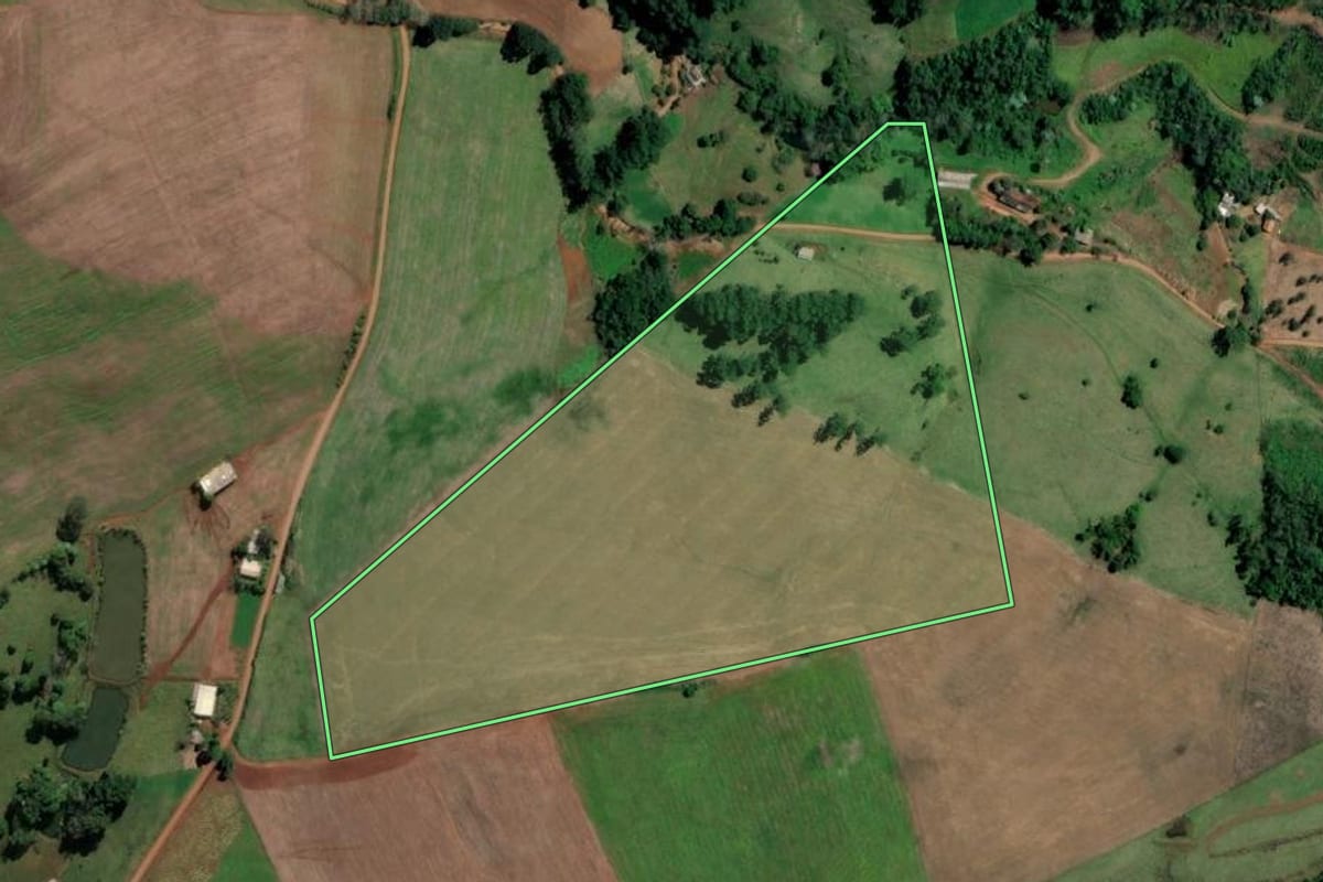 Imagem de satélite do imóvel rural em Palmitos (SC), com o contorno declarado no CAR desenhado por cima.