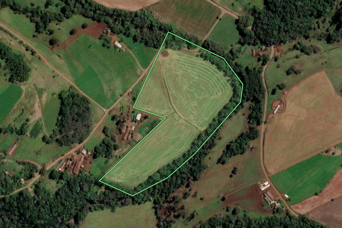 Imagem de satélite do imóvel rural em Palmitos (SC), com o contorno declarado no CAR desenhado por cima.