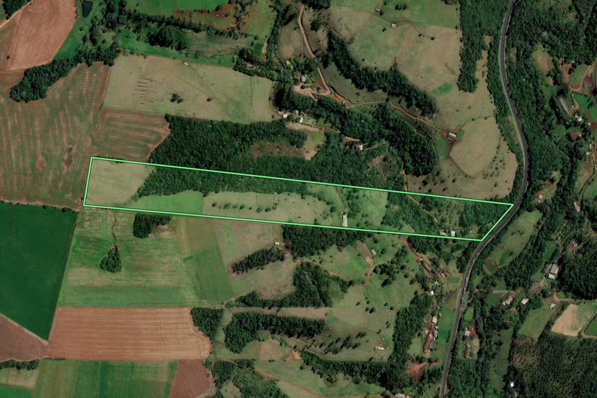 Imagem de satélite do imóvel rural em Palmitos (SC), com o contorno declarado no CAR desenhado por cima.