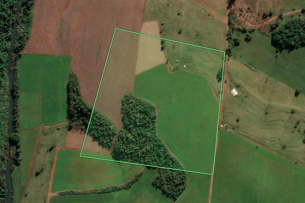 Imagem de satélite do imóvel rural em Palmitos (SC), com o contorno declarado no CAR desenhado por cima.