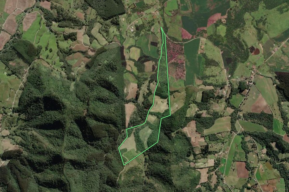 Imagem de satélite do imóvel rural em Papanduva (SC), com o contorno declarado no CAR desenhado por cima.