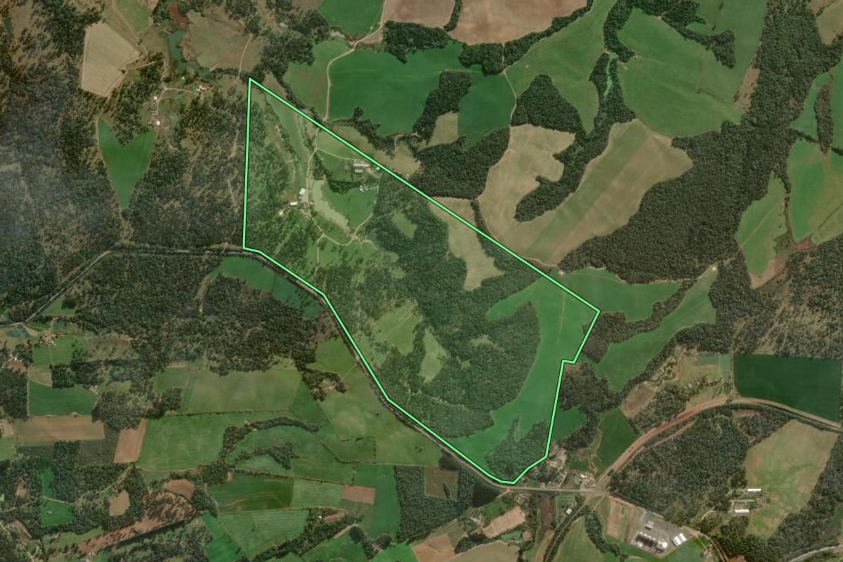 Imagem de satélite do imóvel rural em Papanduva (SC), com o contorno declarado no CAR desenhado por cima.