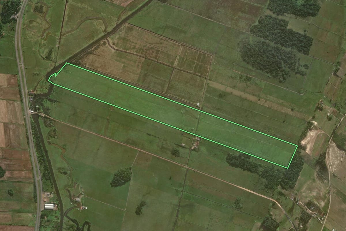 Imagem de satélite do imóvel rural em Passo de Torres (SC), com o contorno declarado no CAR desenhado por cima.