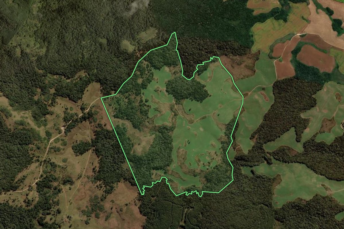 Imagem de satélite do imóvel rural em Passos Maia (SC), com o contorno declarado no CAR desenhado por cima.