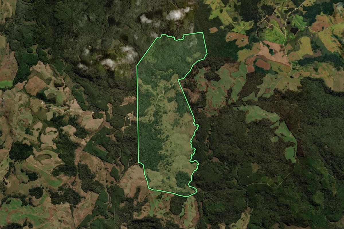 Imagem de satélite do imóvel rural em Passos Maia (SC), com o contorno declarado no CAR desenhado por cima.