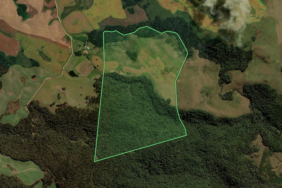 Imagem de satélite do imóvel rural em Passos Maia (SC), com o contorno declarado no CAR desenhado por cima.