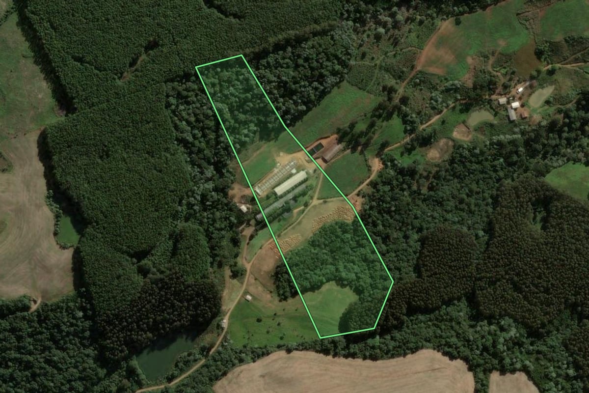 Imagem de satélite do imóvel rural em Passos Maia (SC), com o contorno declarado no CAR desenhado por cima.