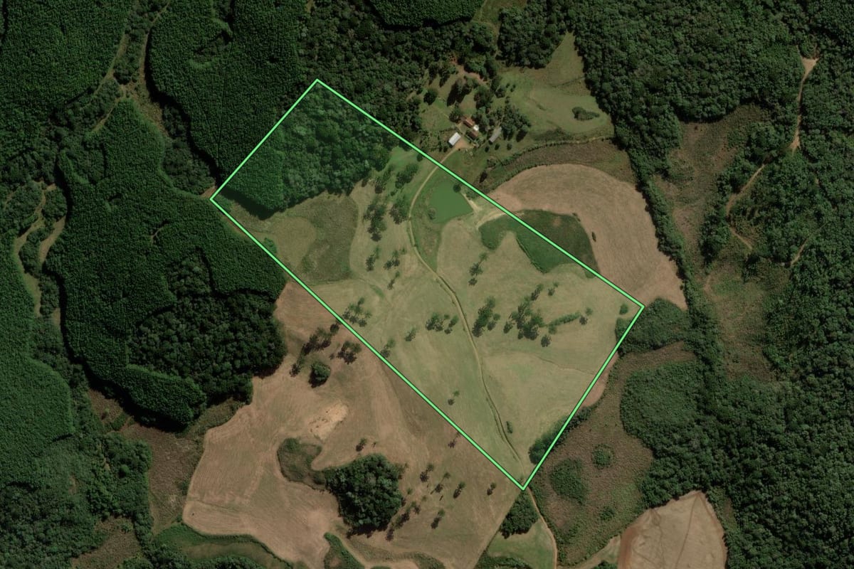 Imagem de satélite do imóvel rural em Passos Maia (SC), com o contorno declarado no CAR desenhado por cima.