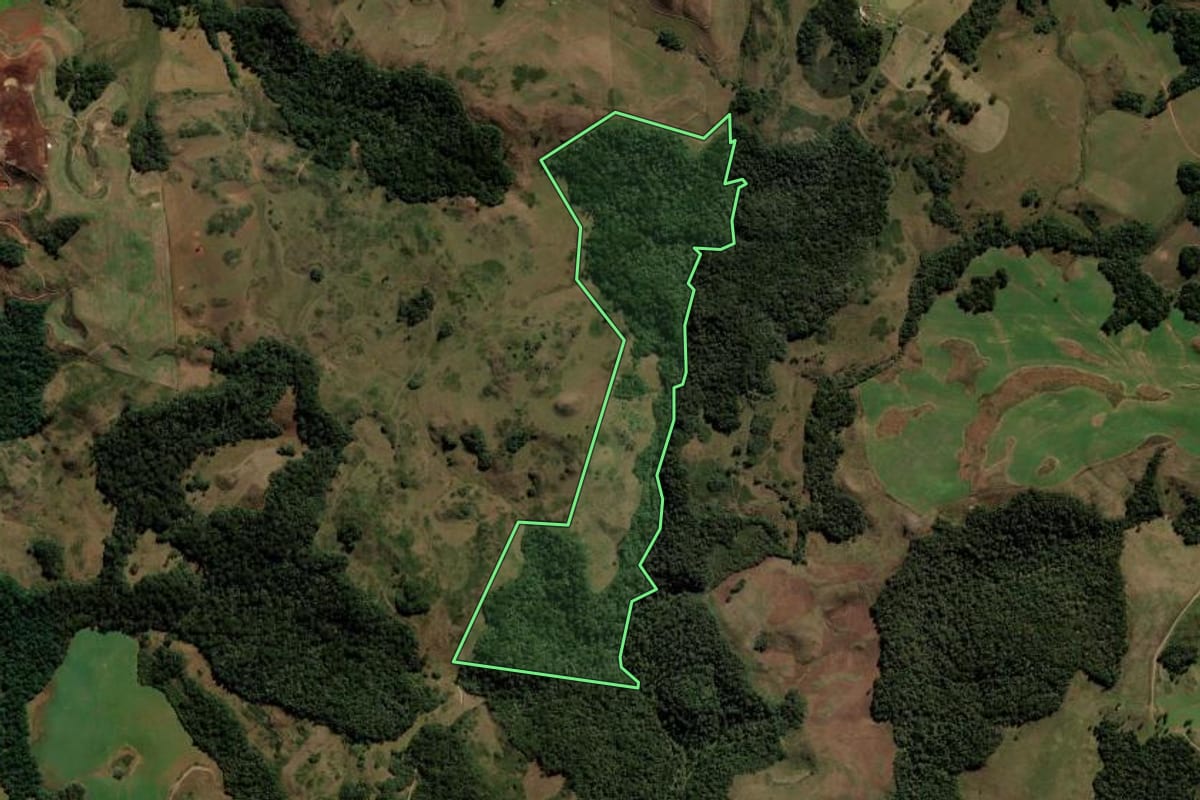 Imagem de satélite do imóvel rural em Passos Maia (SC), com o contorno declarado no CAR desenhado por cima.