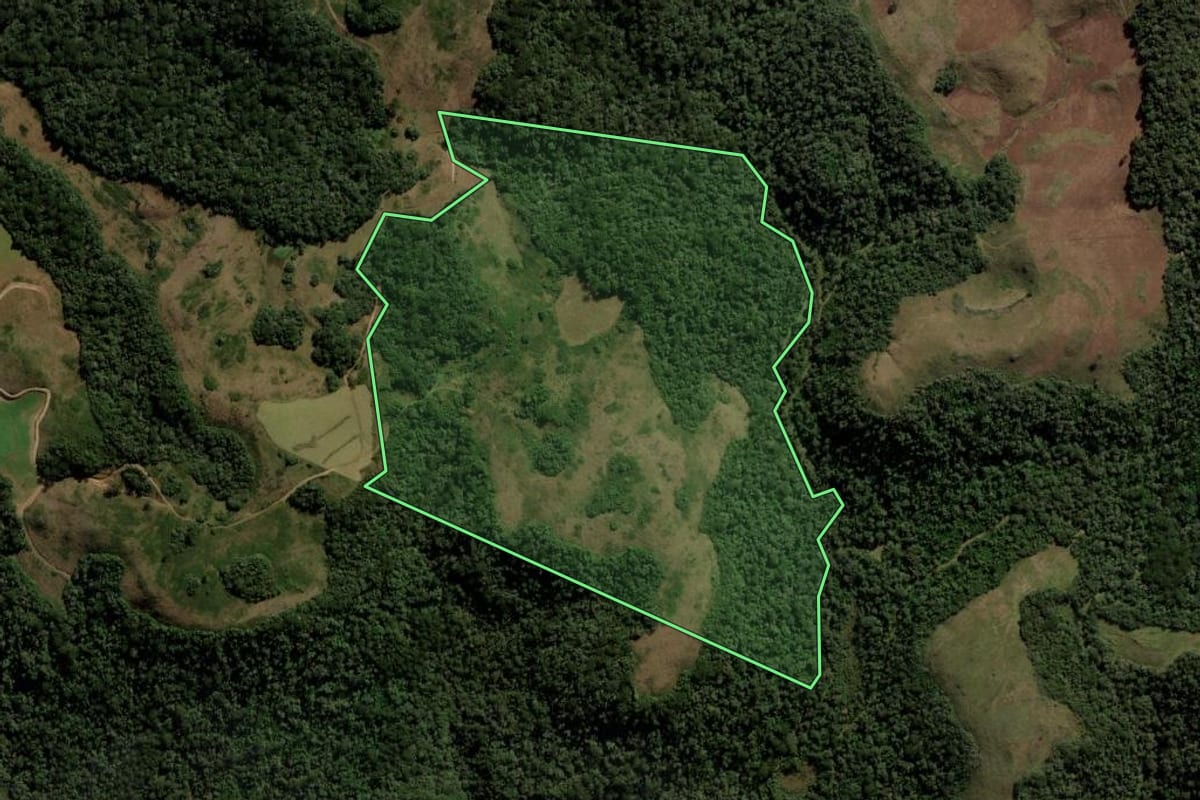 Imagem de satélite do imóvel rural em Passos Maia (SC), com o contorno declarado no CAR desenhado por cima.