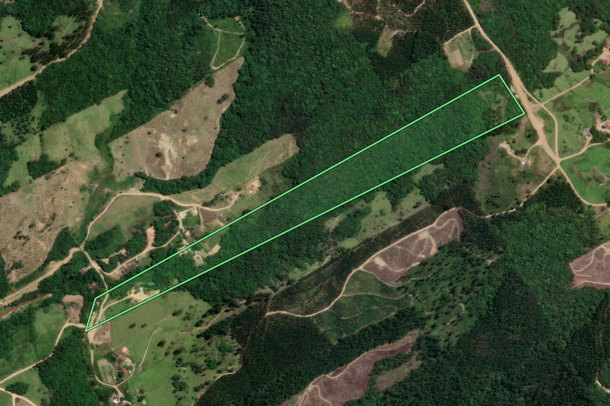 Imagem de satélite do imóvel rural em Pedras Grandes (SC), com o contorno declarado no CAR desenhado por cima.