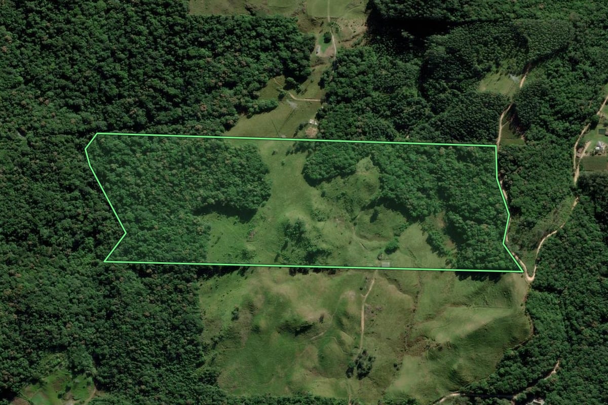Imagem de satélite do imóvel rural em Pedras Grandes (SC), com o contorno declarado no CAR desenhado por cima.