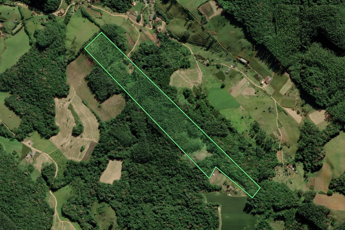 Imagem de satélite do imóvel rural em Pedras Grandes (SC), com o contorno declarado no CAR desenhado por cima.