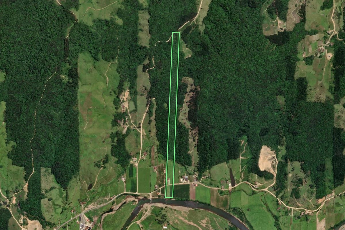 Imagem de satélite do imóvel rural em Pedras Grandes (SC), com o contorno declarado no CAR desenhado por cima.