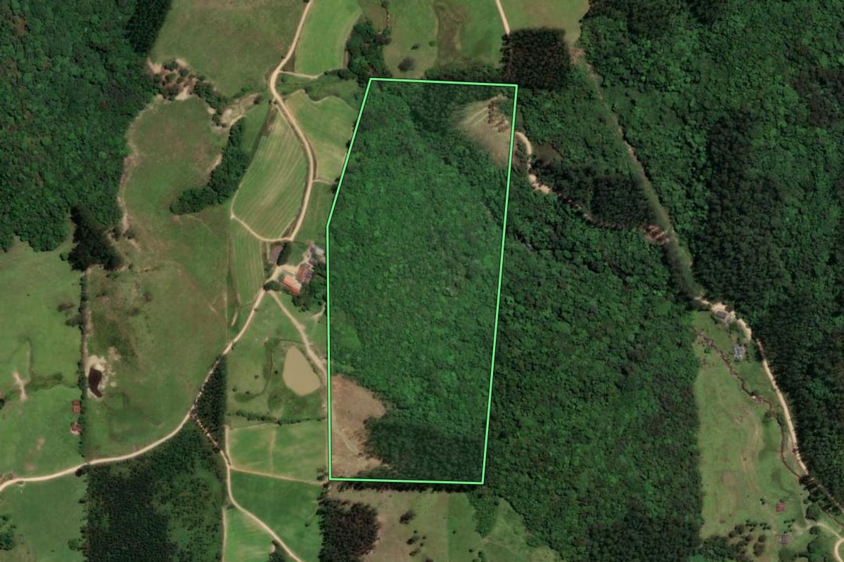Imagem de satélite do imóvel rural em Pedras Grandes (SC), com o contorno declarado no CAR desenhado por cima.