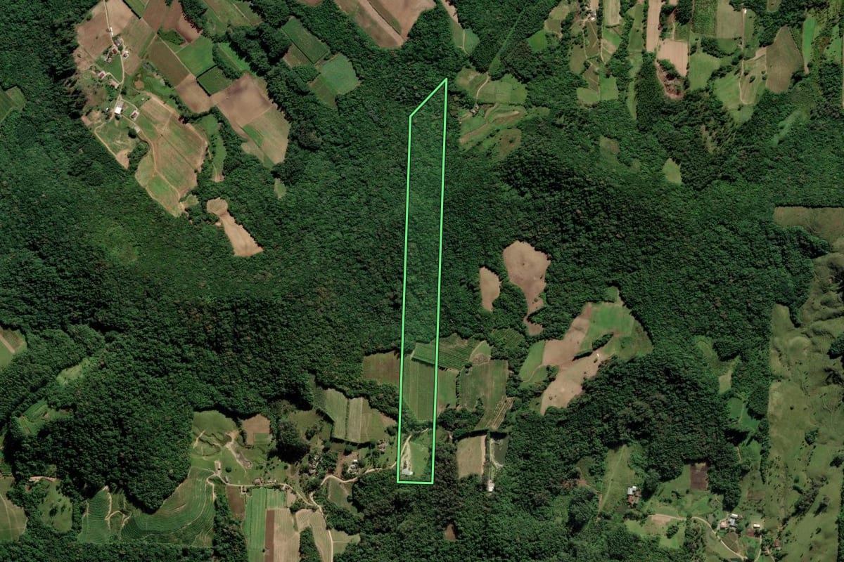 Imagem de satélite do imóvel rural em Pedras Grandes (SC), com o contorno declarado no CAR desenhado por cima.