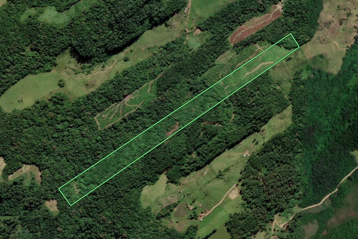 Imagem de satélite do imóvel rural em Pedras Grandes (SC), com o contorno declarado no CAR desenhado por cima.