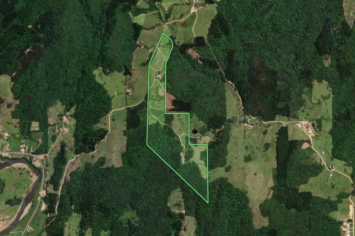 Imagem de satélite do imóvel rural em Pedras Grandes (SC), com o contorno declarado no CAR desenhado por cima.