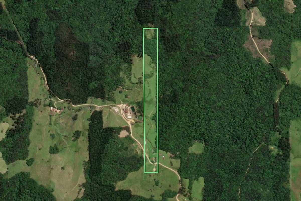 Imagem de satélite do imóvel rural em Pedras Grandes (SC), com o contorno declarado no CAR desenhado por cima.
