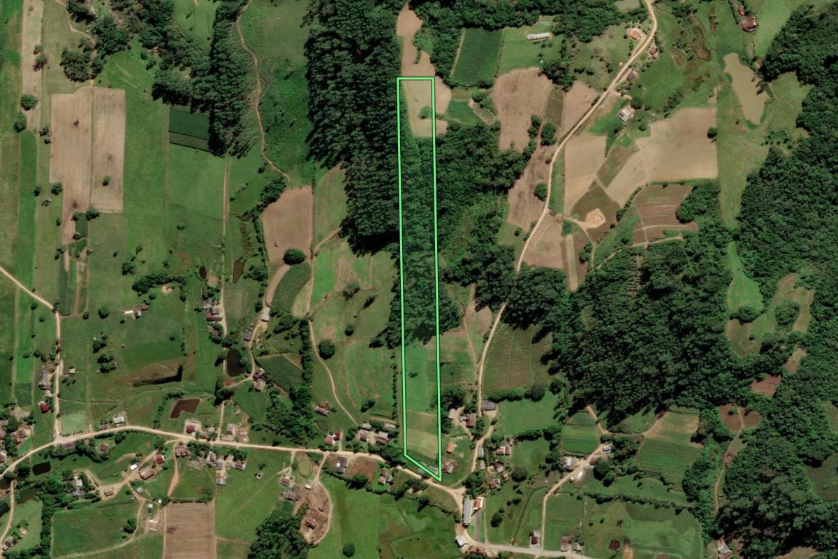 Imagem de satélite do imóvel rural em Pedras Grandes (SC), com o contorno declarado no CAR desenhado por cima.