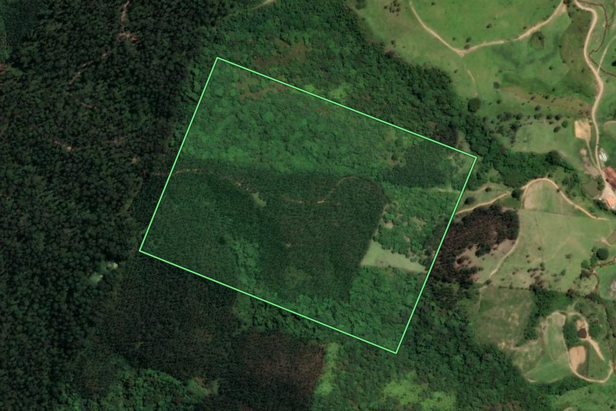 Imagem de satélite do imóvel rural em Pedras Grandes (SC), com o contorno declarado no CAR desenhado por cima.