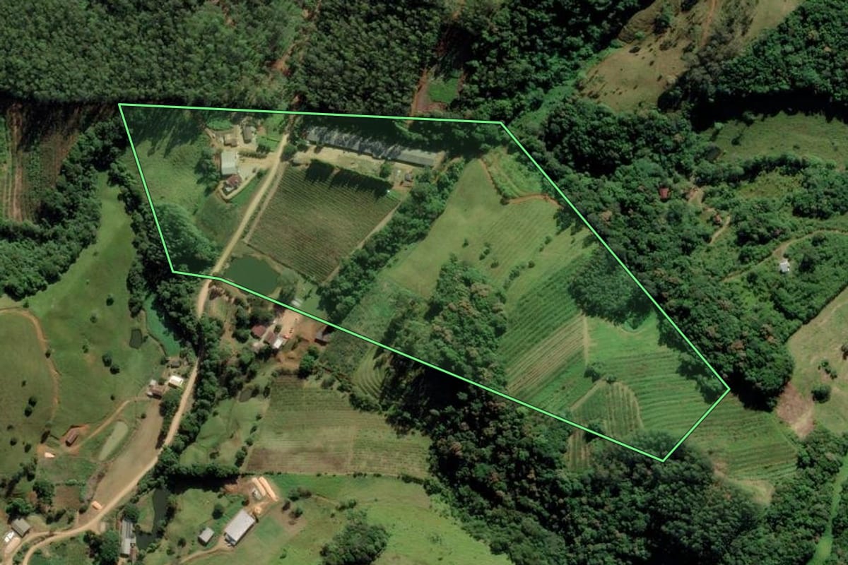 Imagem de satélite do imóvel rural em Pedras Grandes (SC), com o contorno declarado no CAR desenhado por cima.