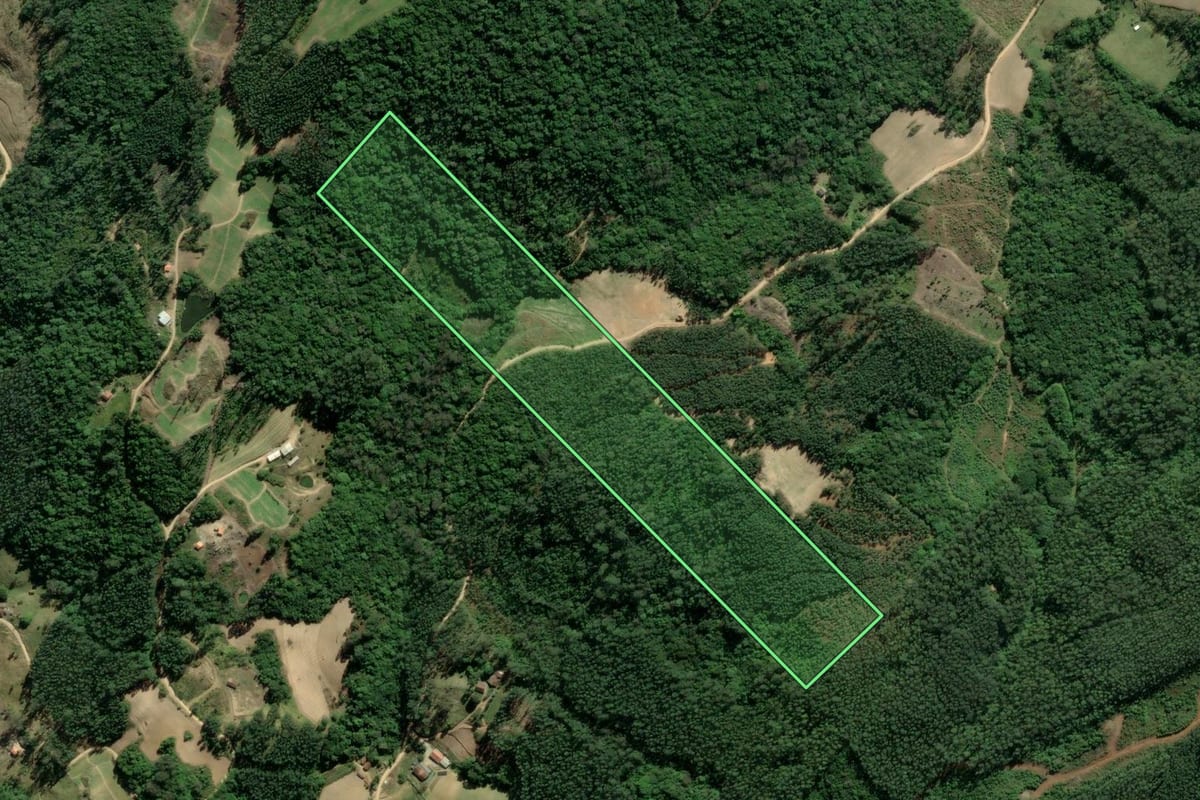 Imagem de satélite do imóvel rural em Pedras Grandes (SC), com o contorno declarado no CAR desenhado por cima.