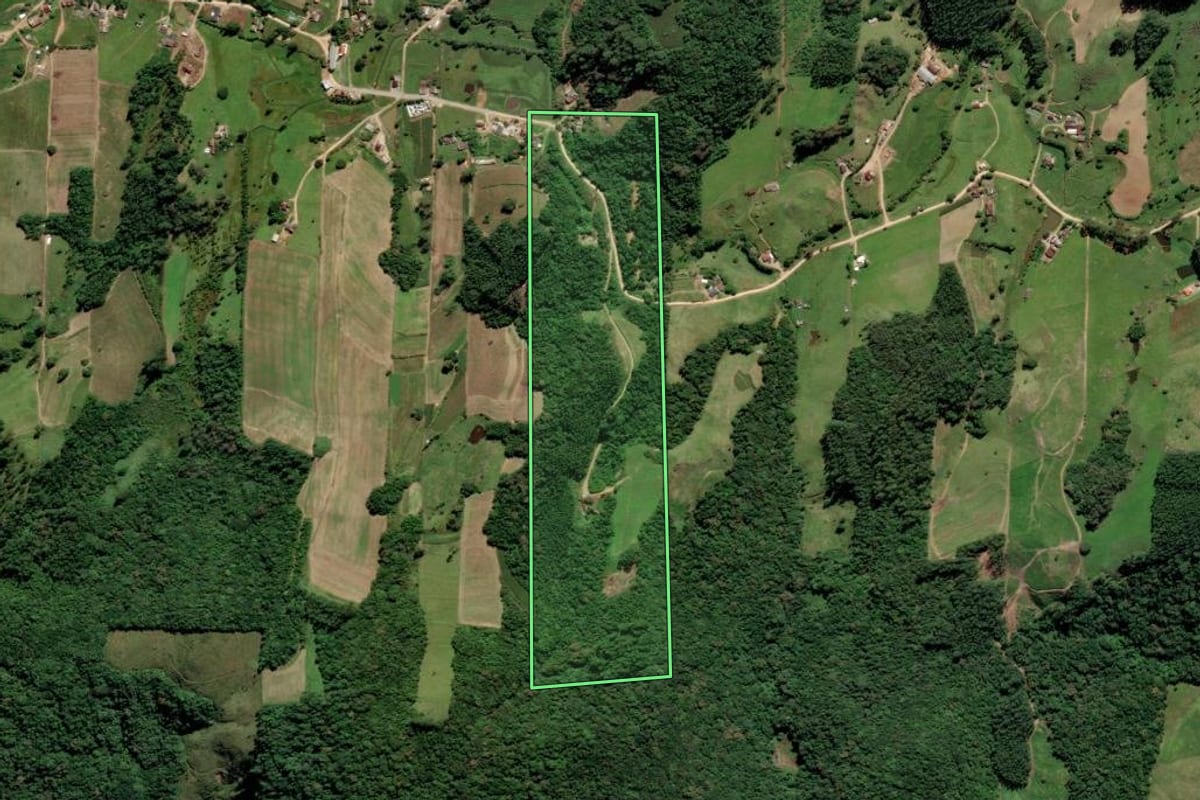 Imagem de satélite do imóvel rural em Pedras Grandes (SC), com o contorno declarado no CAR desenhado por cima.