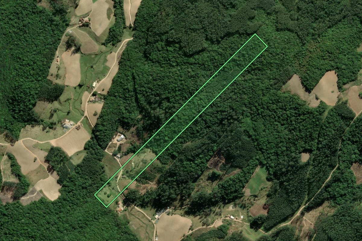 Imagem de satélite do imóvel rural em Pedras Grandes (SC), com o contorno declarado no CAR desenhado por cima.