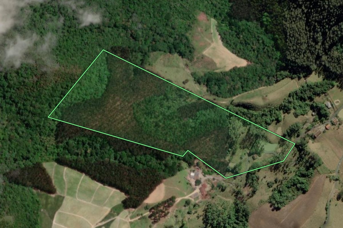 Imagem de satélite do imóvel rural em Petrolândia (SC), com o contorno declarado no CAR desenhado por cima.
