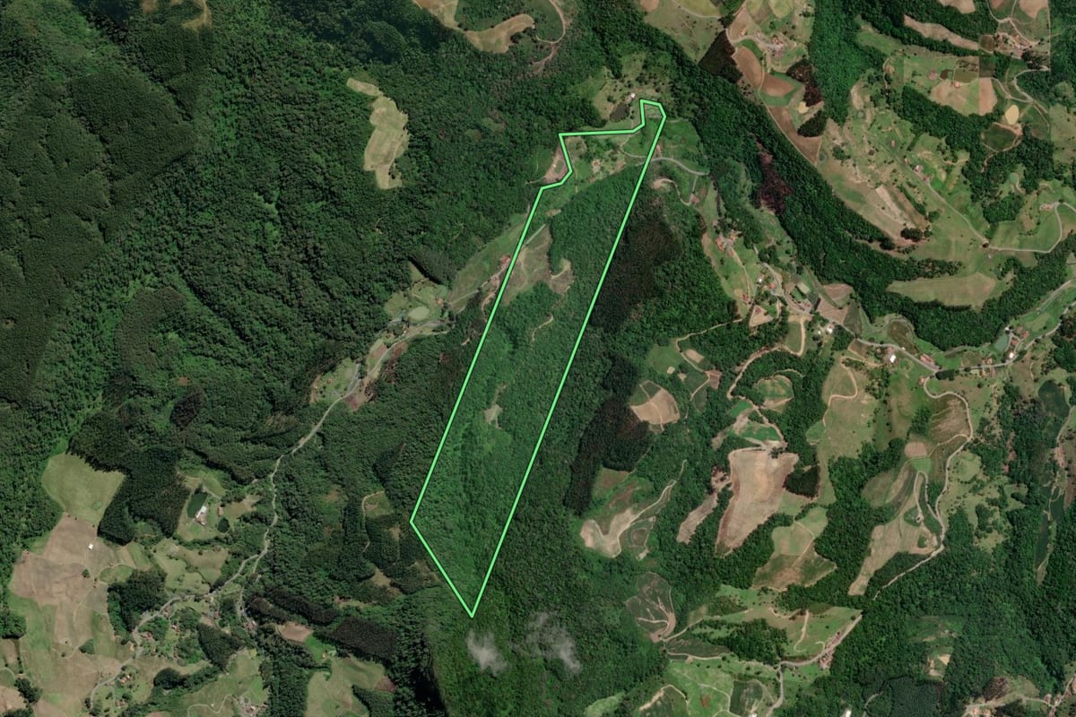 Imagem de satélite do imóvel rural em Petrolândia (SC), com o contorno declarado no CAR desenhado por cima.
