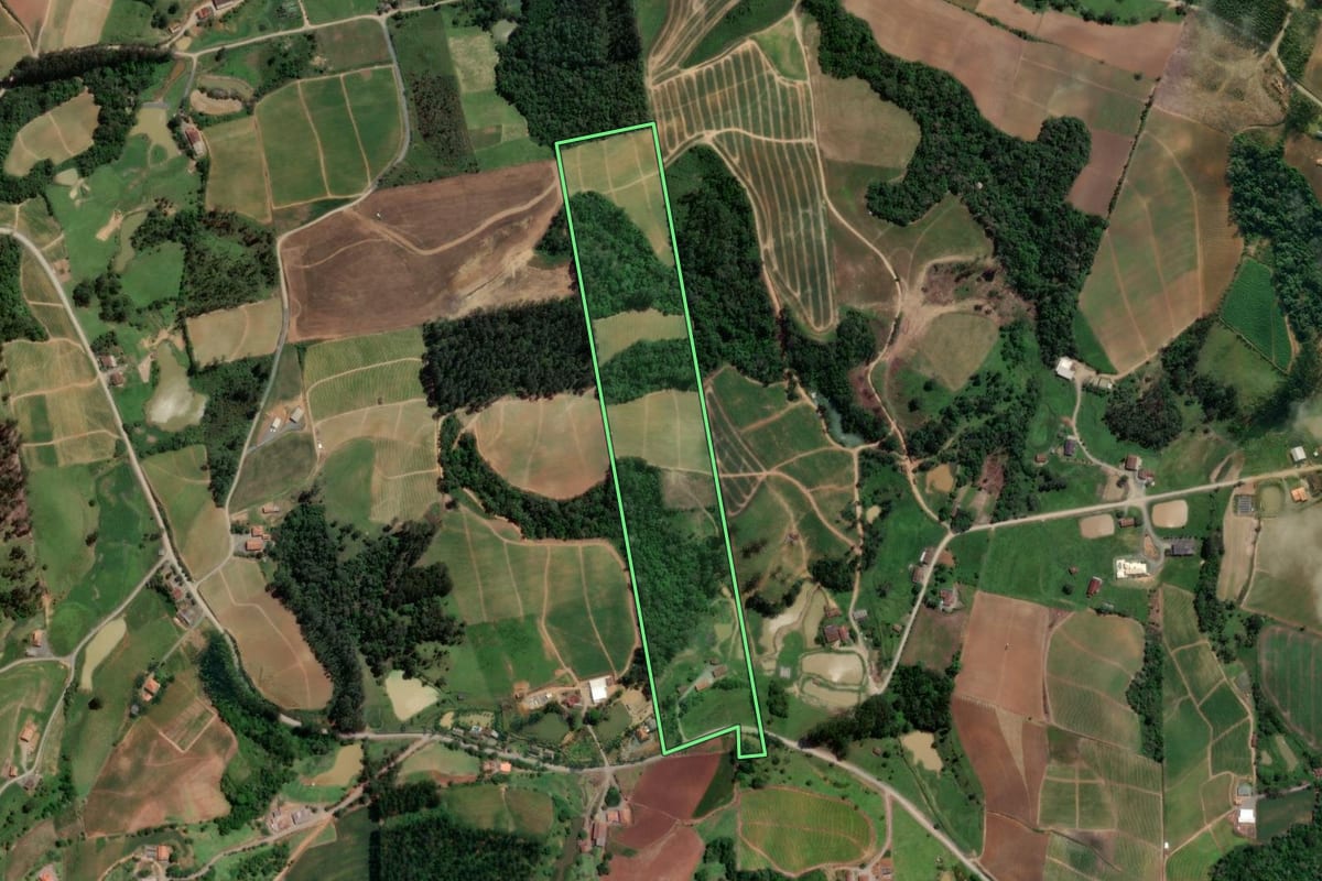 Imagem de satélite do imóvel rural em Petrolândia (SC), com o contorno declarado no CAR desenhado por cima.