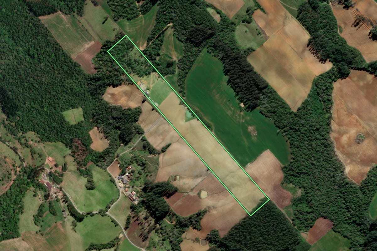 Imagem de satélite do imóvel rural em Petrolândia (SC), com o contorno declarado no CAR desenhado por cima.