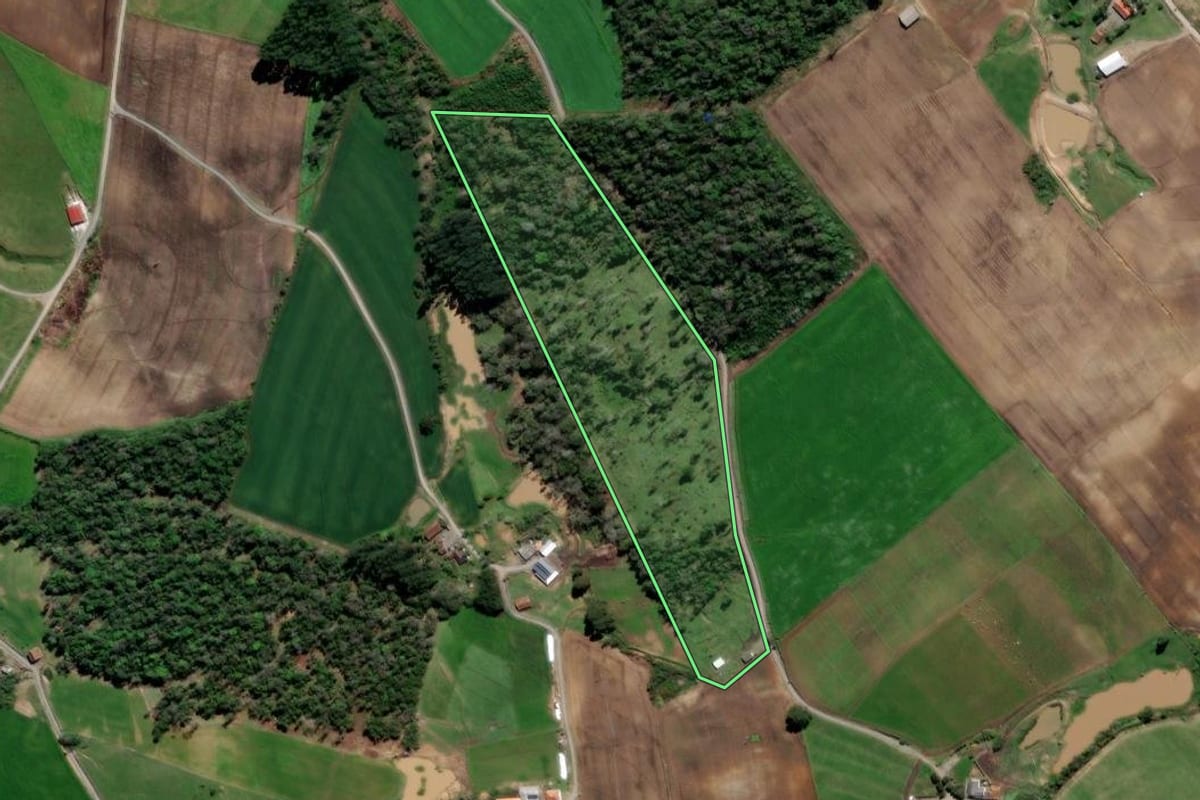 Imagem de satélite do imóvel rural em Petrolândia (SC), com o contorno declarado no CAR desenhado por cima.
