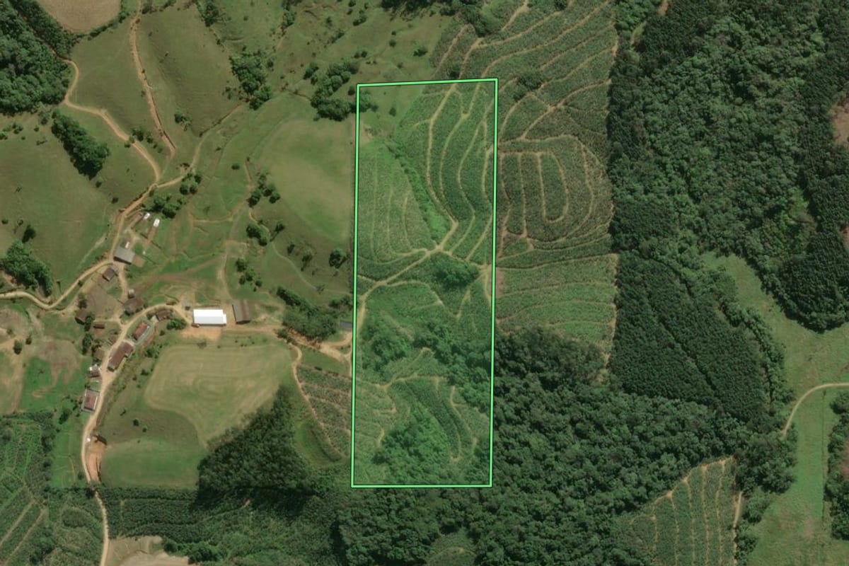 Imagem de satélite do imóvel rural em Balneário Piçarras (SC), com o contorno declarado no CAR desenhado por cima.