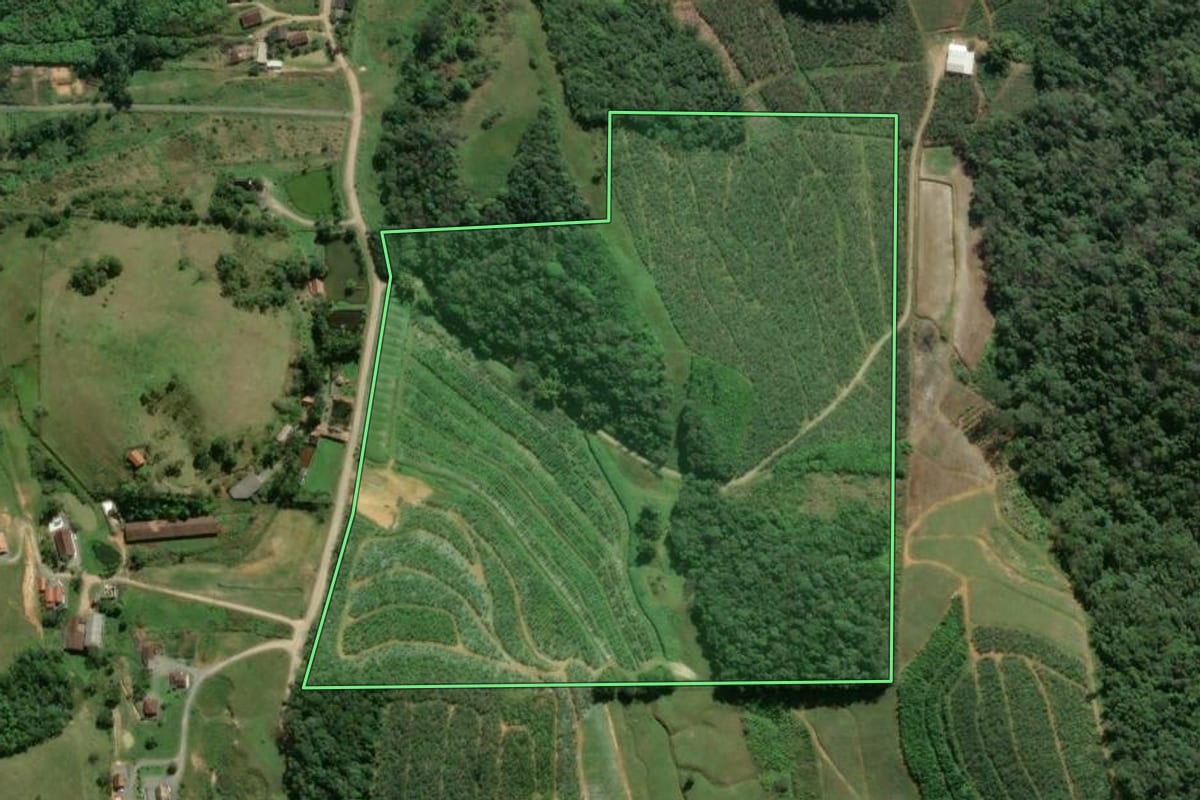 Imagem de satélite do imóvel rural em Balneário Piçarras (SC), com o contorno declarado no CAR desenhado por cima.
