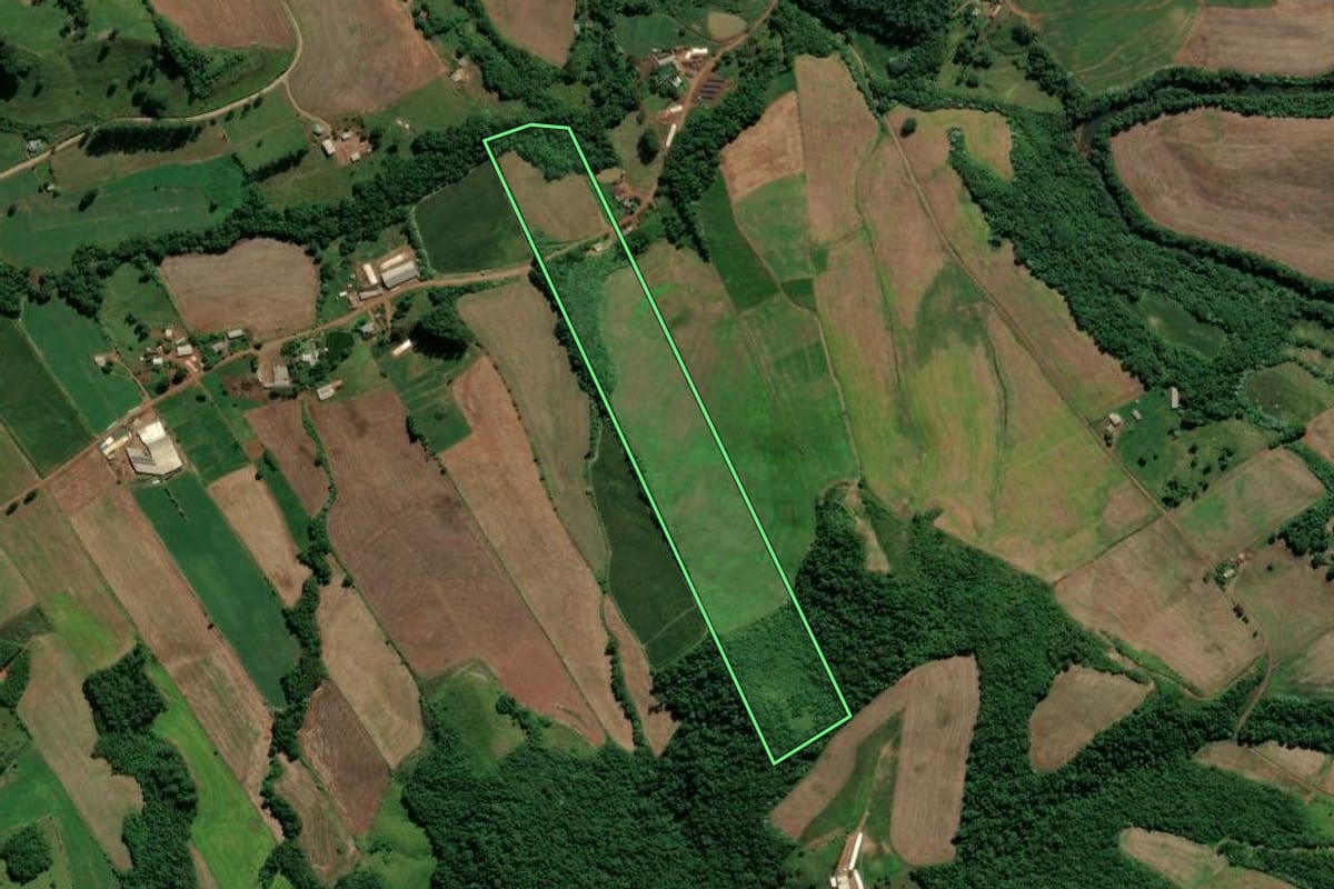Imagem de satélite do imóvel rural em Pinhalzinho (SC), com o contorno declarado no CAR desenhado por cima.