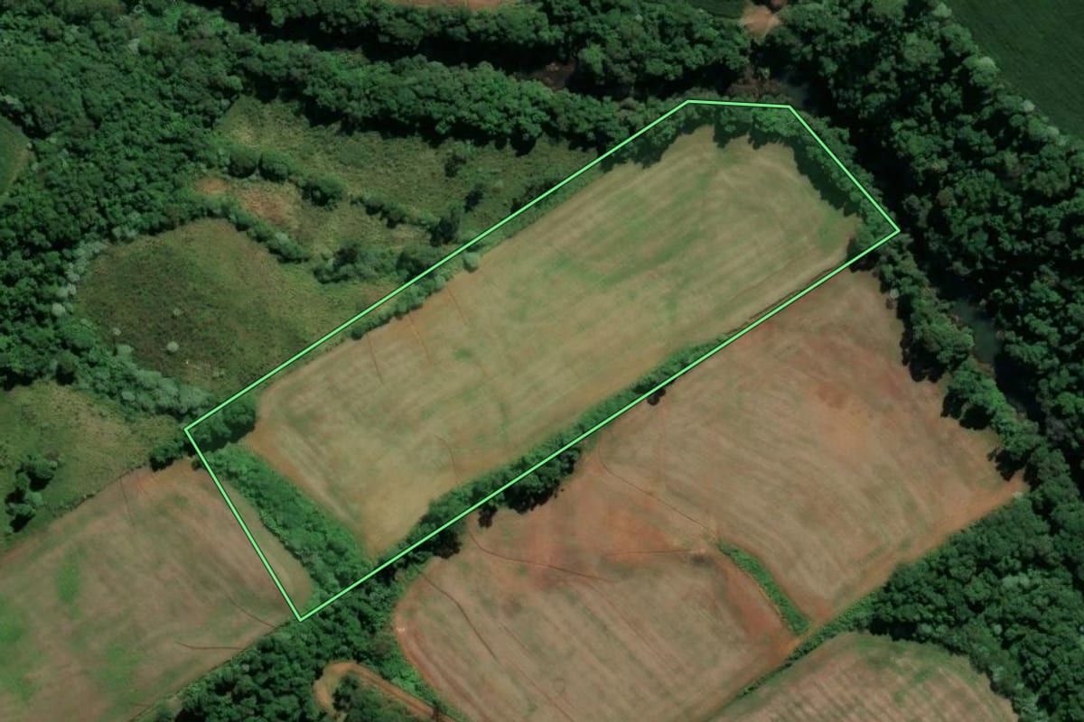 Imagem de satélite do imóvel rural em Pinhalzinho (SC), com o contorno declarado no CAR desenhado por cima.
