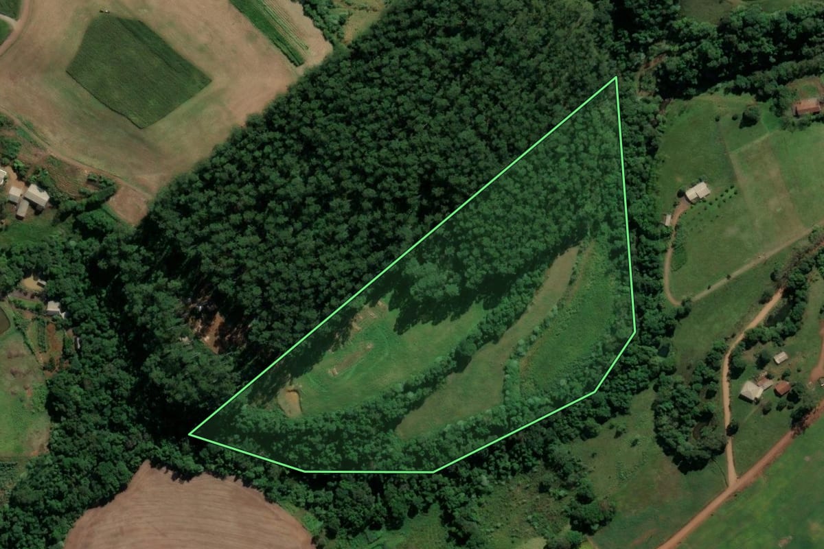Imagem de satélite do imóvel rural em Pinhalzinho (SC), com o contorno declarado no CAR desenhado por cima.