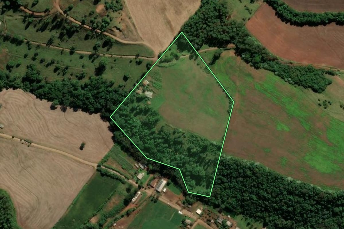 Imagem de satélite do imóvel rural em Pinhalzinho (SC), com o contorno declarado no CAR desenhado por cima.