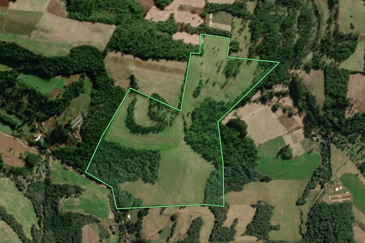 Imagem de satélite do imóvel rural em Pinheiro Preto (SC), com o contorno declarado no CAR desenhado por cima.