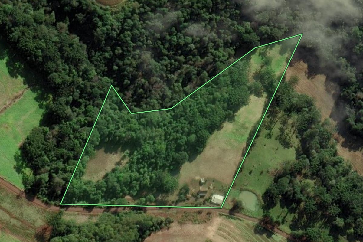 Imagem de satélite do imóvel rural em Pinheiro Preto (SC), com o contorno declarado no CAR desenhado por cima.