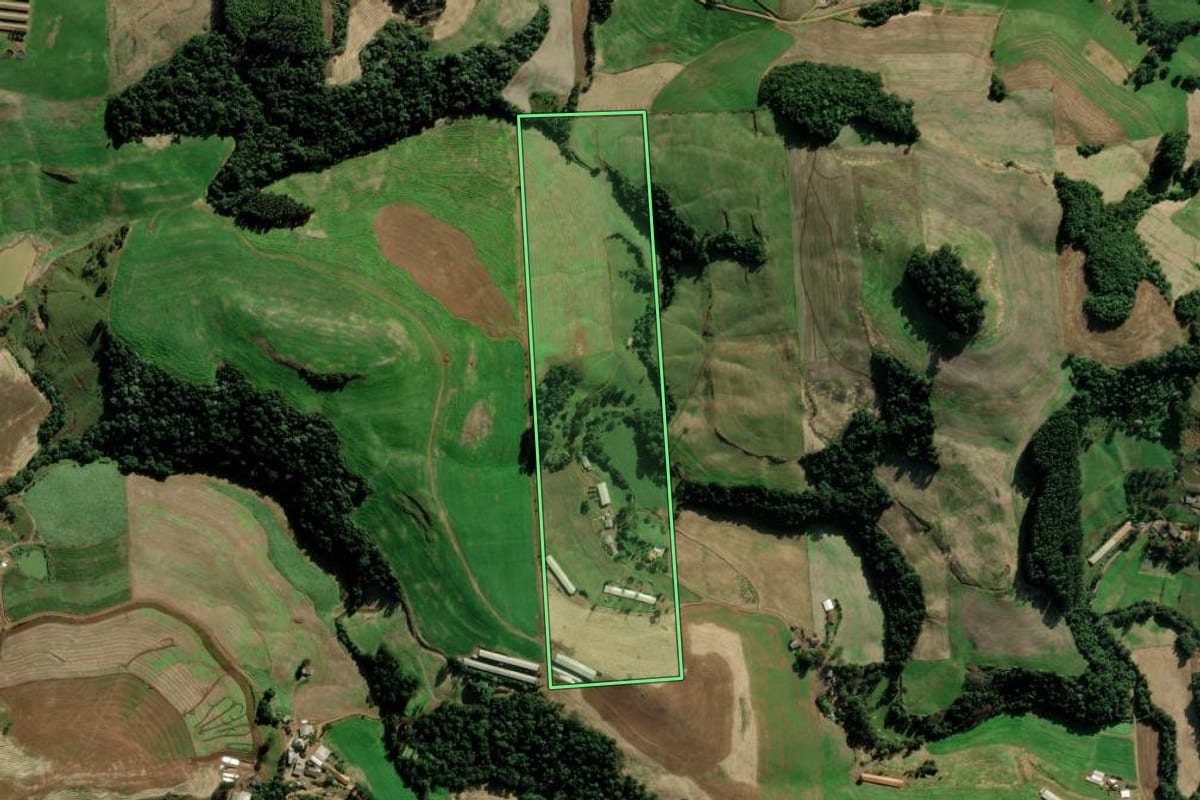 Imagem de satélite do imóvel rural em Pinheiro Preto (SC), com o contorno declarado no CAR desenhado por cima.