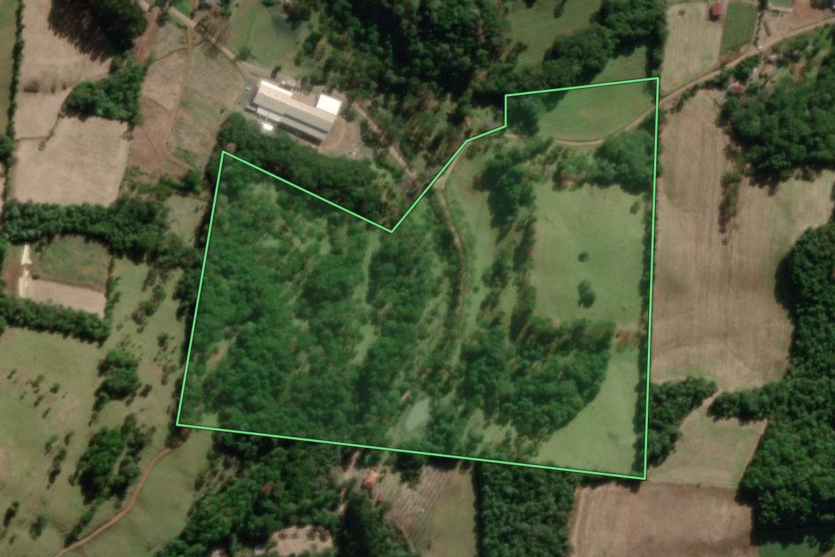Imagem de satélite do imóvel rural em Pinheiro Preto (SC), com o contorno declarado no CAR desenhado por cima.
