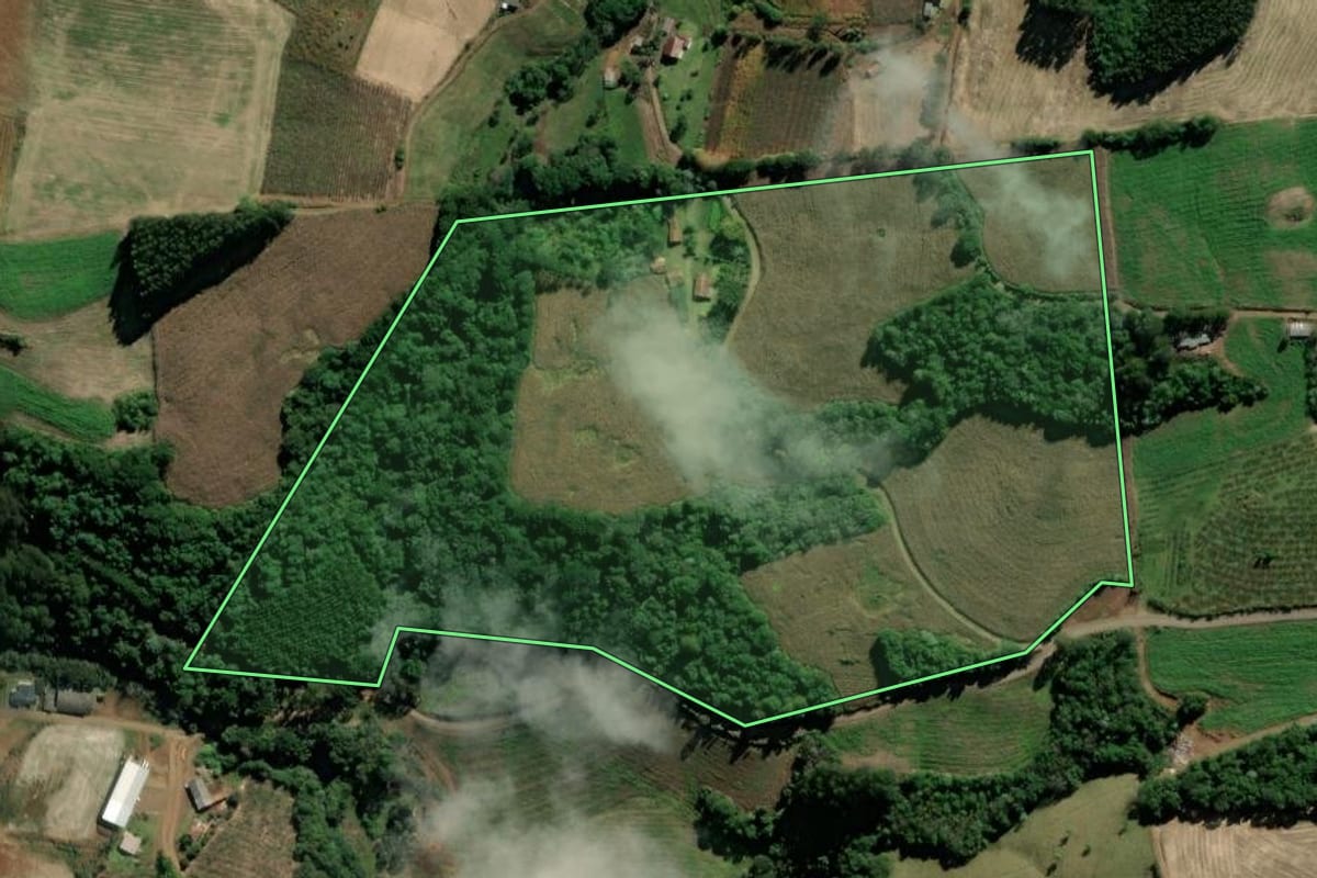 Imagem de satélite do imóvel rural em Pinheiro Preto (SC), com o contorno declarado no CAR desenhado por cima.