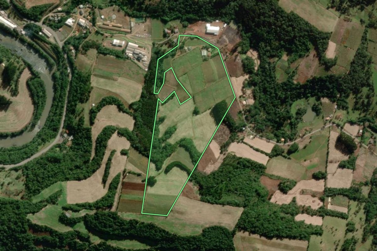 Imagem de satélite do imóvel rural em Pinheiro Preto (SC), com o contorno declarado no CAR desenhado por cima.