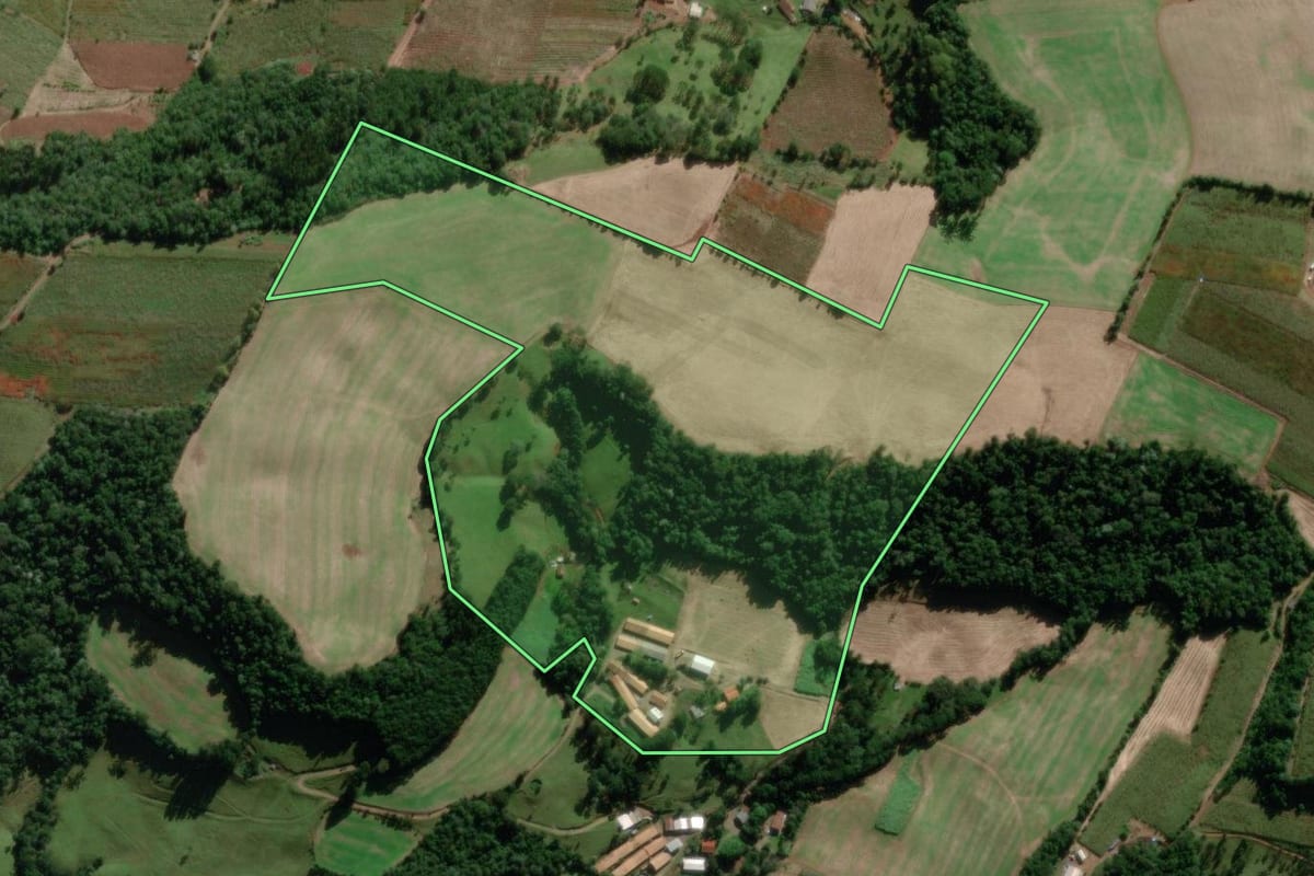 Imagem de satélite do imóvel rural em Pinheiro Preto (SC), com o contorno declarado no CAR desenhado por cima.